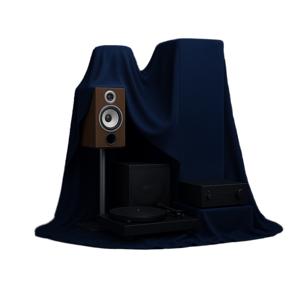 A wooden speaker, turntable, audio equipment, and amplifier partially covered by a dark blue cloth against a black background.